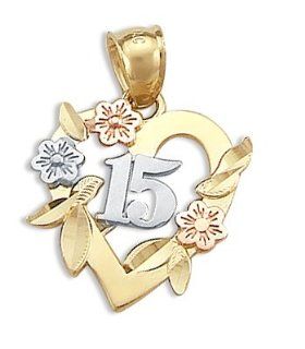 15 Birthday Heart Quinceanera Pendant 14k Yellow Gold Flowers Jewelry