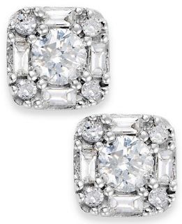 Diamond Earrings, Sterling Silver Diamond Round and Baguette Cut Stud Earrings (1/3 ct. t.w.)   Earrings   Jewelry & Watches