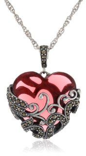 Sterling Silver Oxidized Marcasite and Garnet Colored Glass Filigree Heart Pendant Necklace, 18" Jewelry