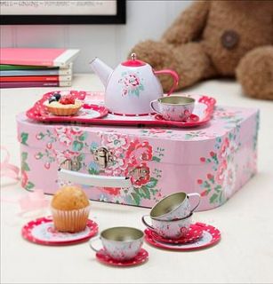 retro tea set in floral carry case by the contemporary home