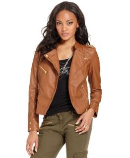 GUESS Jacket, Long Sleeve Faux Leather Studded Jacket   Jackets & Blazers   Women
