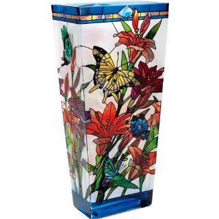 13" Stained Glass Butterflies & Lilies Vase by Joan Baker   Decorative Vases