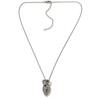 Stately Steel 2 Tone Crystal Accented Owl Pendant with 18" Chain
