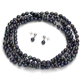 DaVonna Silver Black FW Pearl 64 inch Necklace and Earring Set (7 8 mm) DaVonna Jewelry Sets