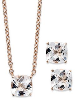 14k Rose Gold over Sterling Silver Jewelry Set, Cushion Cut White Quartz Earrings and Pendant (5 ct. t.w.)   Jewelry & Watches