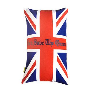 upcycled union jack cushion god save queen by hunted and stuffed
