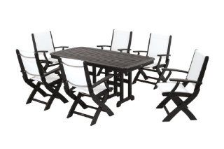 POLYWOOD PWS154 1 BL901 Coastal 7 Piece Dining Set, Black/White Sling  Outdoor And Patio Furniture Sets  Patio, Lawn & Garden