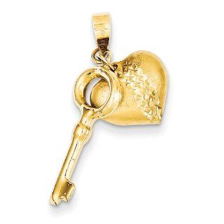 14k Satin And Diamond Cut Puff Heart & Circle Key Pendant Jewelry