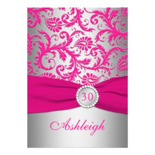 Silver and Pink Damask 30th Birthday Invitation