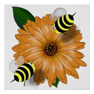 Cartoon Honey Bees Meeting on Orange Flower Posters