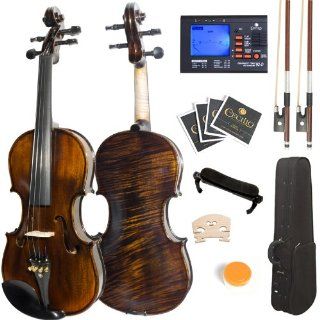 Mendini 4/4 MV500+92D Flamed 1 Piece Back Solid Wood Violin with Case, Tuner, Shoulder Rest, Bow, Rosin, Bridge and Strings   Full Size Musical Instruments