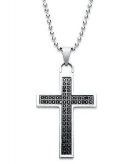 Mens Stainless Steel Pendant, Black Enamel and Diamond Accent Cross   Necklaces   Jewelry & Watches