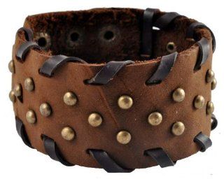 Brass Stud Wide Brown Leather Bracelet / Leather Wristband / Surf Bracelet #137 Wrap Bracelets Jewelry