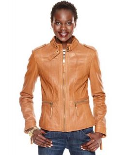 MICHAEL Michael Kors Jacket, Collar Zipper Stitched Fitted Leather Motorcycle   Coats   Women