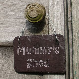 'mum's shed' slate sign by winning works
