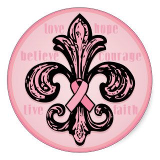 Pink Ribbon Fleur de lis Round Sticker