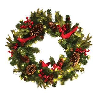 Appalachian Lodge Natural Pine and Berry Wreath with Cardinals and LED Battery Lights Seasonal Decor