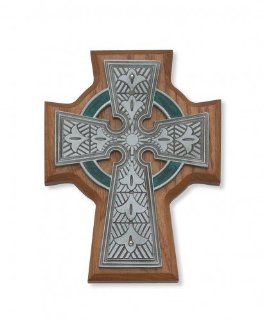 Irish Gift 80 126 5 1/2" Cherry Wood Celtic Pewter Inlay Green Wall Cross Jewelry