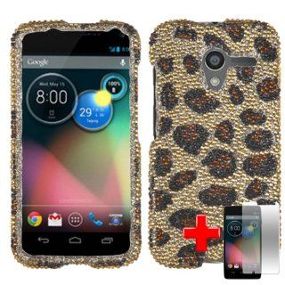 Motorola Moto X Phone (AT&T, US Cellular, Verizon, Sprint) 2 Piece Snap On Rhinestone/Diamond/Bling Case Cover, Black/Brown Cheetah Spot Pattern Gold Cover + LCD Clear Screen Saver Protector Cell Phones & Accessories