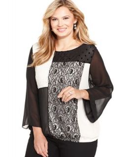 Style&co. Plus Size Three Quarter Sleeve Mixed Media Patchwork Top   Tops   Plus Sizes