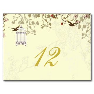 floral yellow bird cage, love birds table numbers postcard