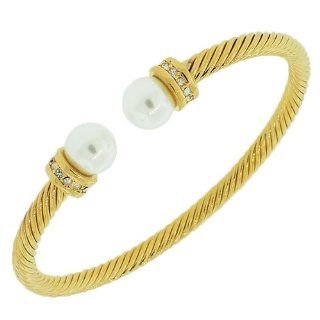 Yellow Gold Tone Open End Pearl White Crystals CZ Womens Bangle Bracelet Jewelry
