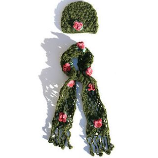 crochet flower knit hat and scarf set by handmade by hayley