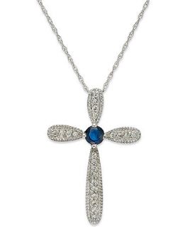 10k White Gold Necklace, Sapphire (1/6 ct. tw.) and Diamond Accent Cross Pendant (1/4 ct. t.w.)   Necklaces   Jewelry & Watches