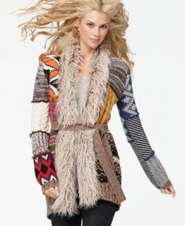 Desigual Sweater, V Neck Long Sleeve Faux Fur Mixed Patchwork Tie Cardigan   Sweaters   Women