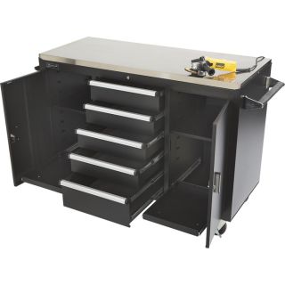 Homak 56in. Rolling Workstation — Black, Stainless Steel Top Worksurface, Model# BK04056054  Workbenches