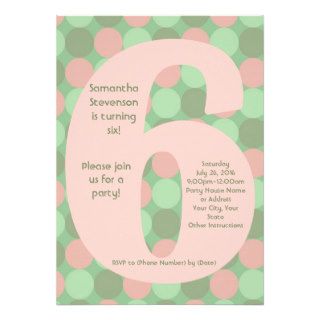 Big 6 Birthday Party Invitations, Pink and Green