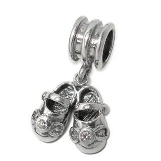 925 Sterling Silver Baby Shoes Baby Charm Bead Dangle with White Cz Stones Compatible with Pandora Charms, Troll Beads, Biagi, Chamilia and All European Charm Bracelets Baby Girl Pandora Charms Jewelry