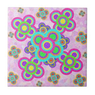 Psychedelic Pattern Hot Pink Teal Abstract Flowers Ceramic Tile