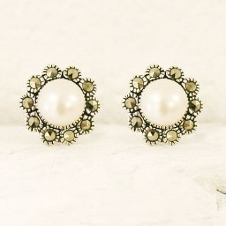 penelope silver pearl and marcasite studs by bloom boutique