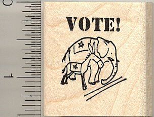 Vote Rubber Stamp (Elephant, Donkey)   Wood Mounted