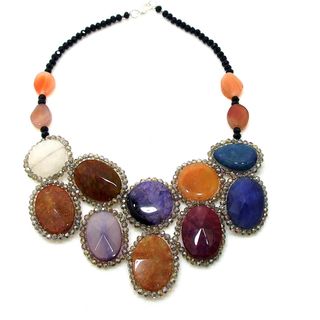 Round Multicolor Agate Mosaic Bib Statement Necklace (Thailand) Necklaces