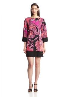 MSK Women's Long Sleeve Paisley Print Dress, Coral/Pink/Black, Large