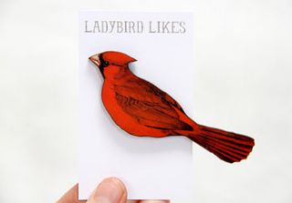 red cardinal bird wooden brooch by ladybird likes