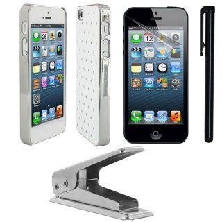 Skque white Bling Hard Case + SIM Card Cutter + Screen protector + black stylus pen for Apple iPhone 5 Cell Phones & Accessories