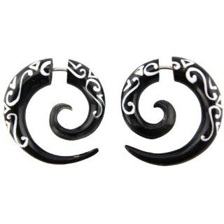 Evolatree   Hand Carved Natural Horn White & Black Large Spiral Earrings With Steel Ear Base Jewelry