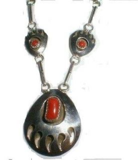 Native American Navajo Bear Claw/paw Coral Necklace Sterling Silver 22" Clothing