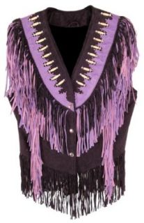 Leather Supreme Women's Western Purple Fringe Beads Studs Suede Leather Vest  Purple Medium