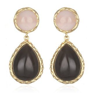 Gold Tone Onyx Pear drop Earring with Milky Pink CZ CHELINE Jewelry