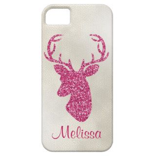 Pink Glitter Deer Head On White Leather Texture iPhone 5 Cases