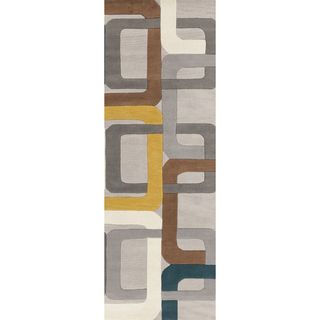 Hand tufted Bassenge Light Grey Geometric Squares Wool Rug (26 X 8)