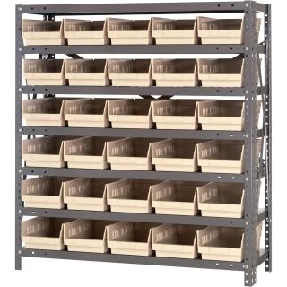 Quantum Storage Steel Shelving System with 30 Bins —  36in.W x 12in.D x 39in.H Rack Size, Ivory, Model# 1239-102I  Single Side Bin Units