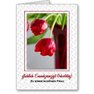 German Language Happy 21st Birthday Red Tulips Cards