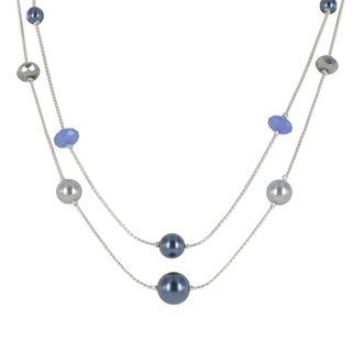 Roman Silvertone Blue and Grey Faux Pearl and Faceted Crystal Necklace Roman Fashion Necklaces