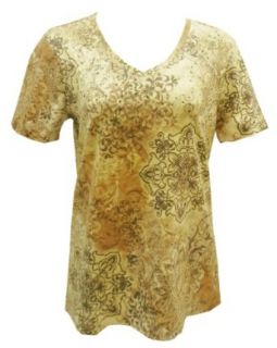 NEW Nicole Miller Womens Short Sleeve V Neck T Shirt Paisley Top Beige Small