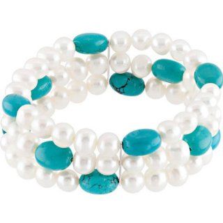 White Freshwater Circle Pearls and Turquoise Stretch Bracelet, 7.50" Best Women S Accessories Jewelry